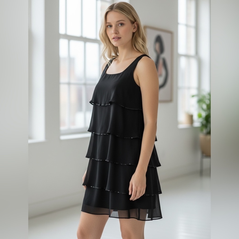Patra black ruffle tier cocktail dress . Size 8